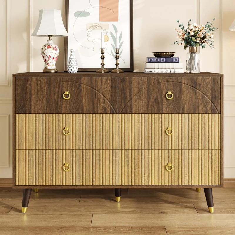 Buffet bois bicolore noyer et naturel avec accents dorés 120x40x81cm DRAPERY