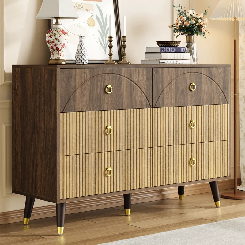 Buffet bois bicolore noyer et naturel avec accents dorés 120x40x81cm DRAPERY