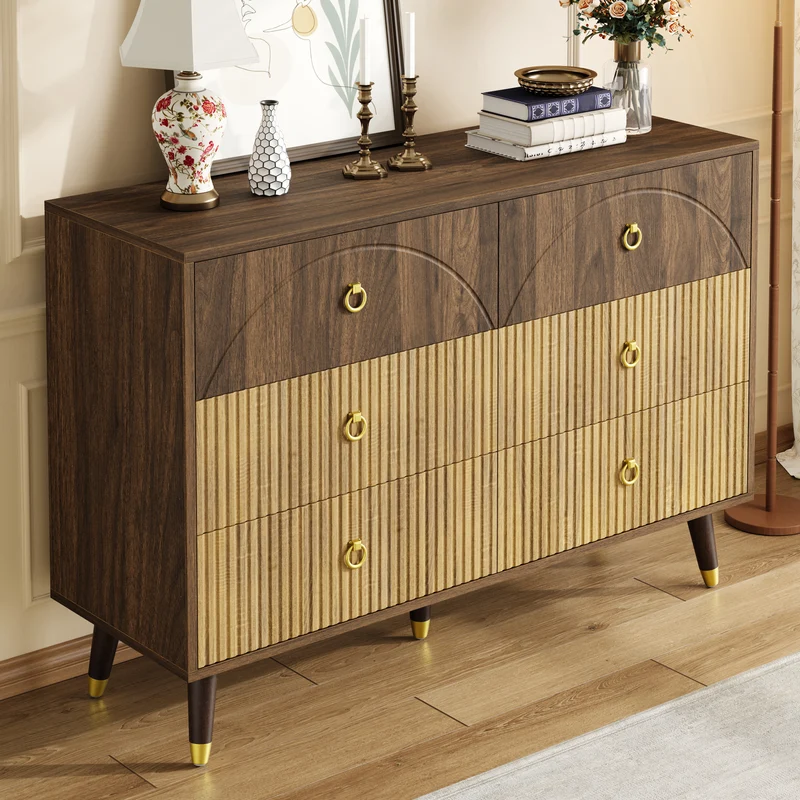 Buffet bois bicolore noyer et naturel avec accents dorés 120x40x81cm DRAPERY