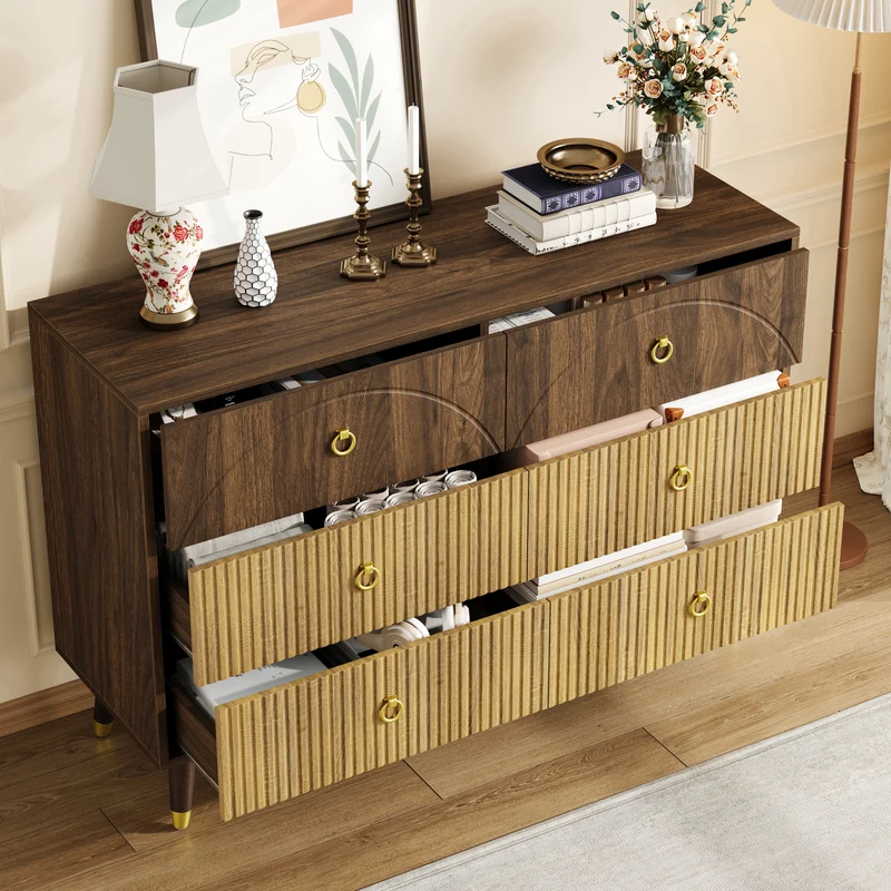 Buffet bois bicolore noyer et naturel avec accents dorés 120x40x81cm DRAPERY