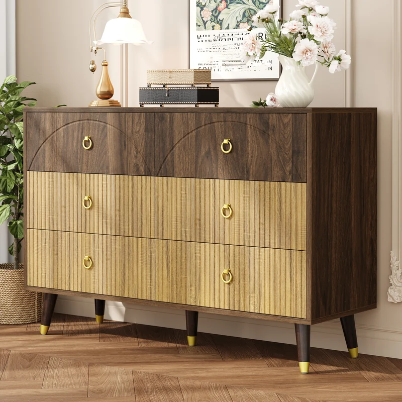 Buffet bois bicolore noyer et naturel avec accents dorés 120x40x81cm DRAPERY
