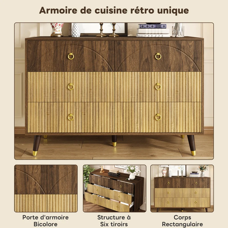 Buffet bois bicolore noyer et naturel avec accents dorés 120x40x81cm DRAPERY