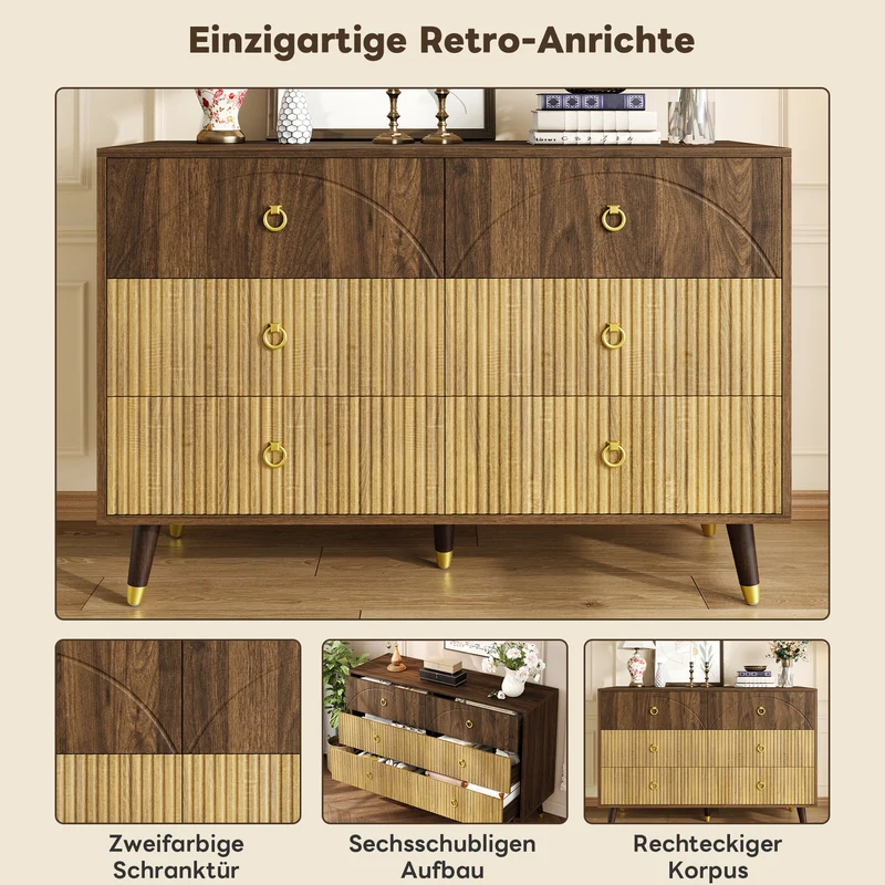 Buffet bois bicolore noyer et naturel avec accents dorés 120x40x81cm DRAPERY
