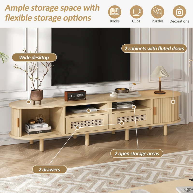 Meuble TV ovale effet bois, 2 portes coulissantes en rotin synthétique et 2 tiroirs TRAUXAID