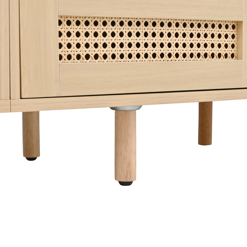 Meuble TV ovale effet bois, 2 portes coulissantes en rotin synthétique et 2 tiroirs TRAUXAID