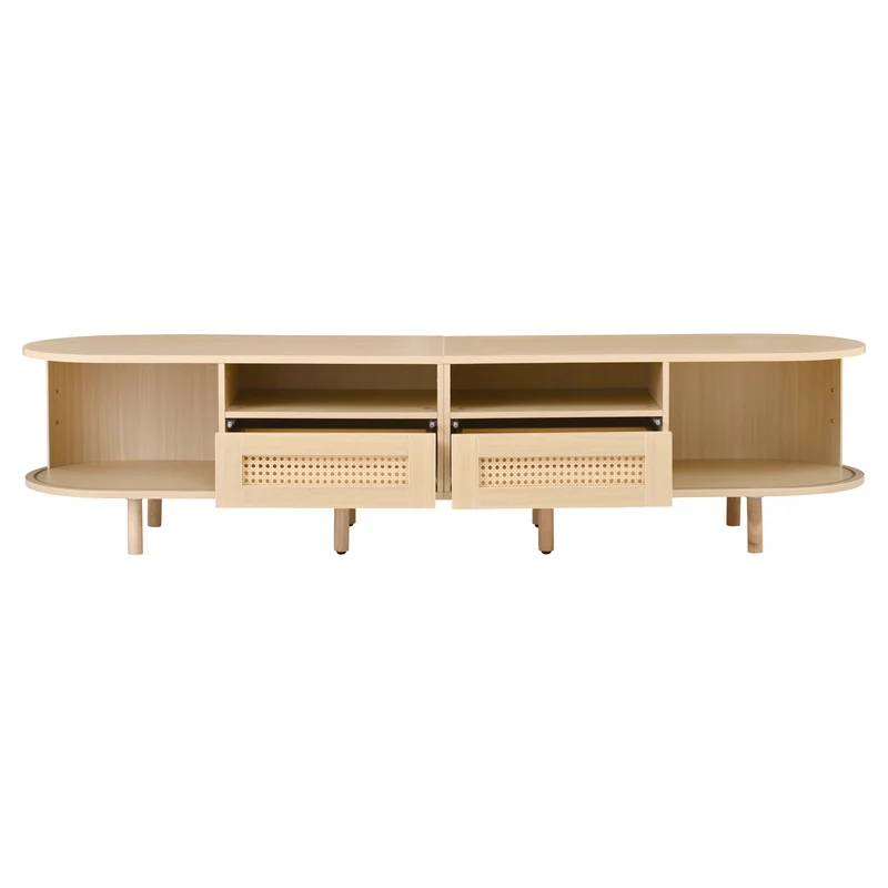 Meuble TV ovale effet bois, 2 portes coulissantes en rotin synthétique et 2 tiroirs TRAUXAID