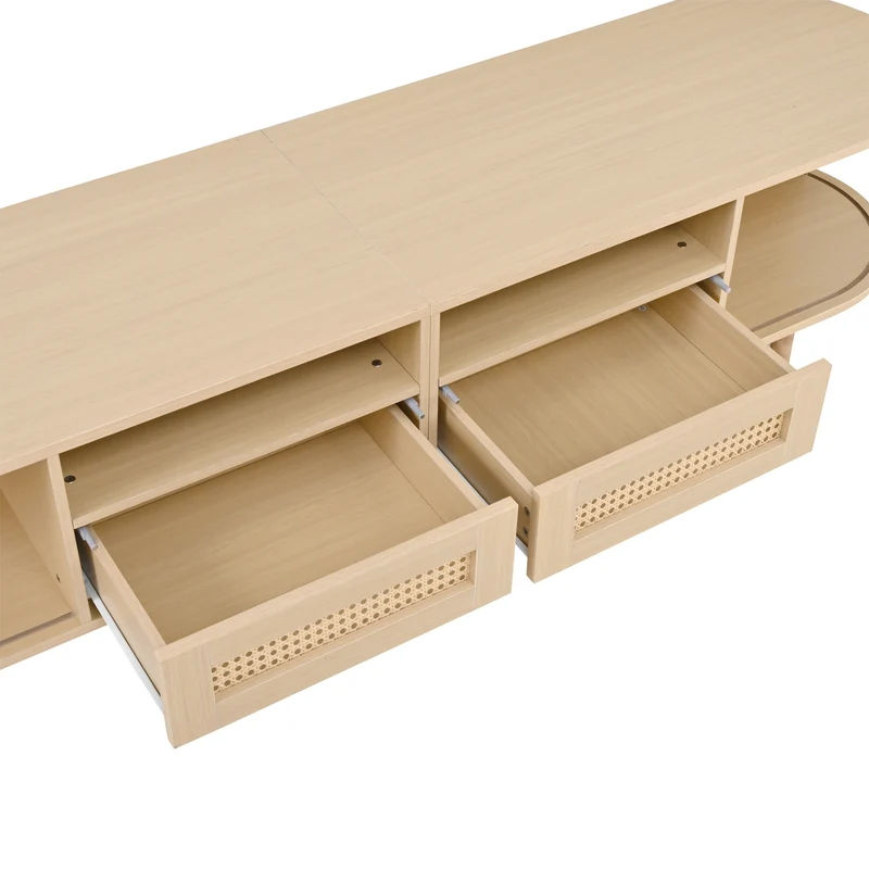 Meuble TV ovale effet bois, 2 portes coulissantes en rotin synthétique et 2 tiroirs TRAUXAID