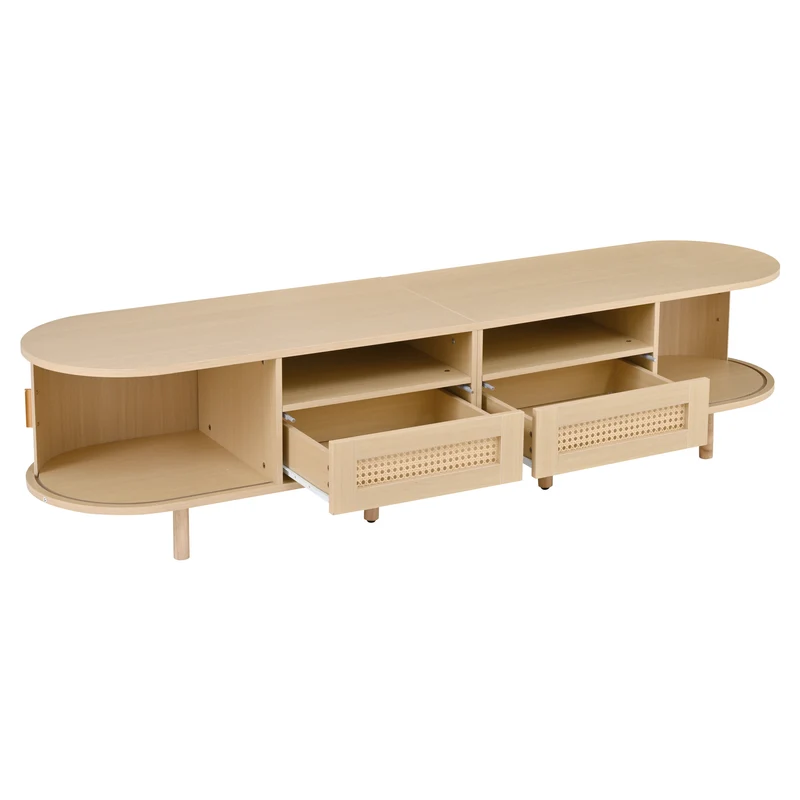 Meuble TV ovale effet bois, 2 portes coulissantes en rotin synthétique et 2 tiroirs TRAUXAID
