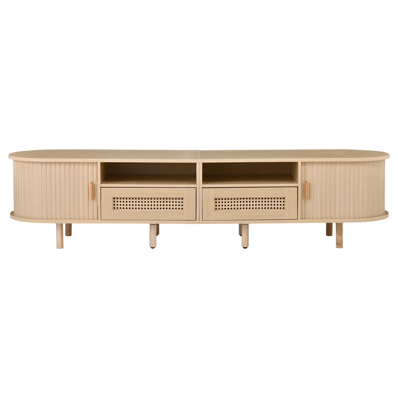 Meuble TV ovale effet bois, 2 portes coulissantes en rotin synthétique et 2 tiroirs TRAUXAID