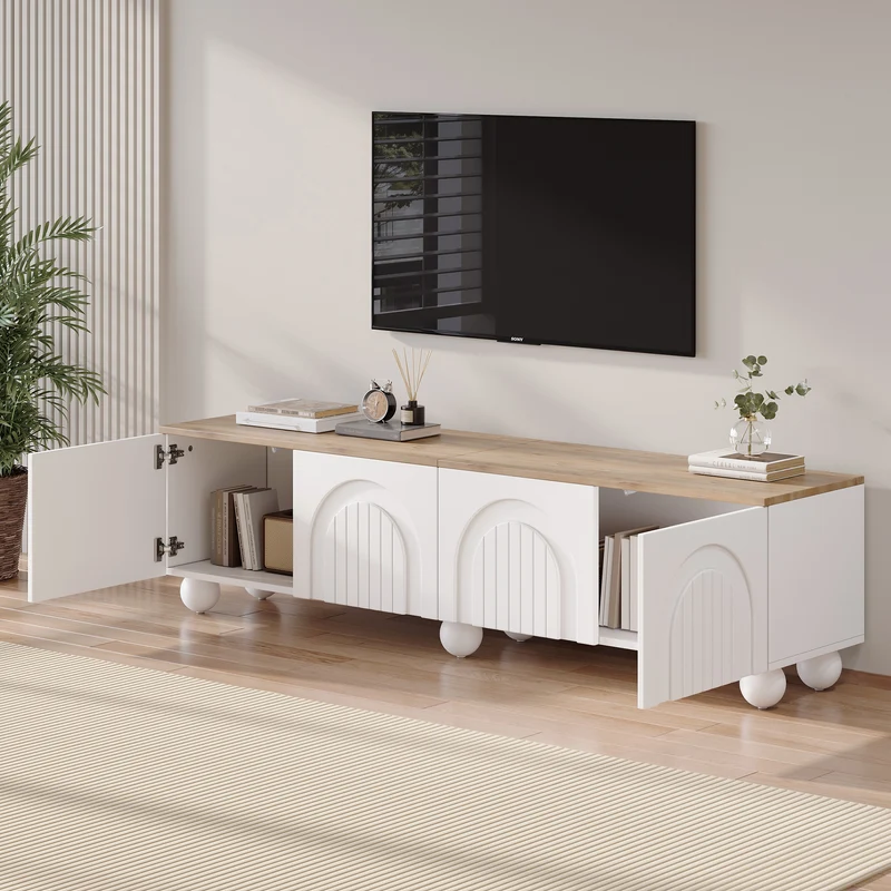 Meuble TV blanc et effet chêne 4 portes avec motifs incurvés, pieds boules CIRCULAR