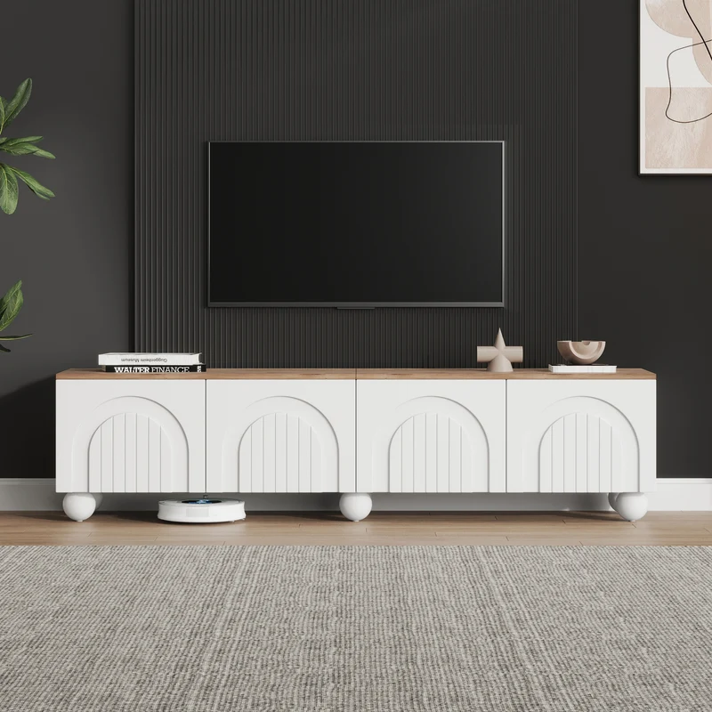 Meuble TV blanc et effet chêne 4 portes avec motifs incurvés, pieds boules CIRCULAR