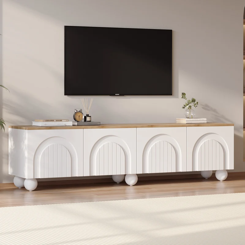 Meuble TV blanc et effet chêne 4 portes avec motifs incurvés, pieds boules CIRCULAR