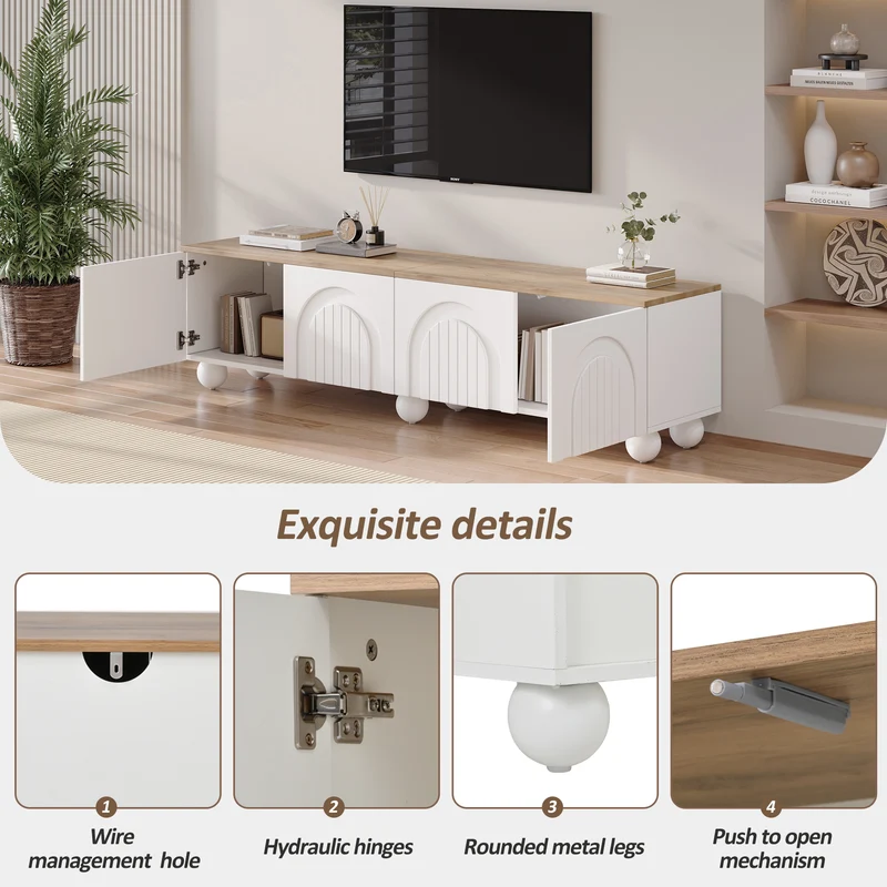 Meuble TV blanc et effet chêne 4 portes avec motifs incurvés, pieds boules CIRCULAR