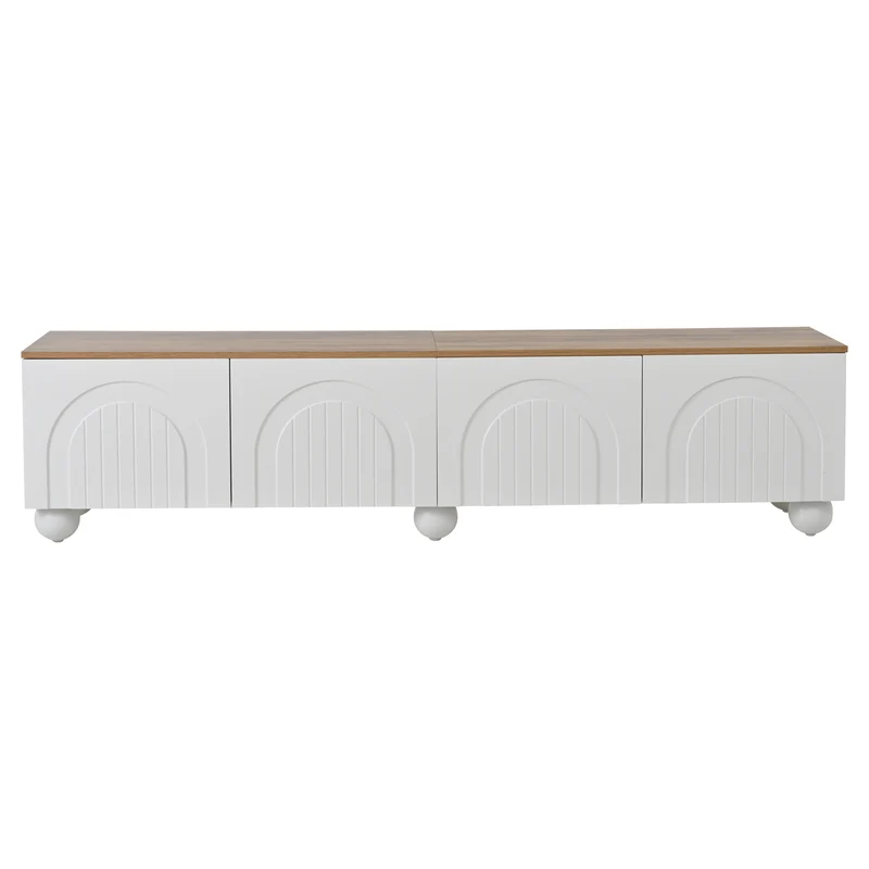 Meuble TV blanc et effet chêne 4 portes avec motifs incurvés, pieds boules CIRCULAR