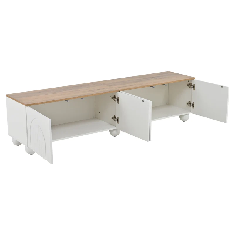 Meuble TV blanc et effet chêne 4 portes avec motifs incurvés, pieds boules CIRCULAR