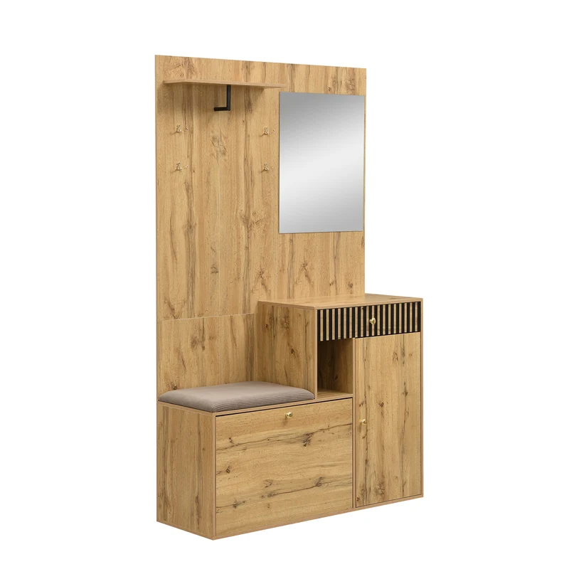 Vestiaire à l'entrée effet bois avec miroir, banc, porte-manteau et meuble de à chaussures 2 portes 1 tiroir SIROCCOWHIS