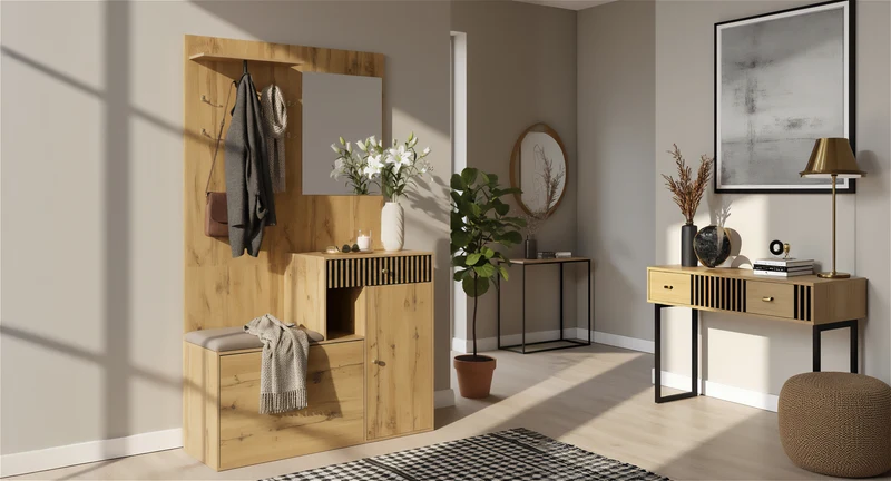 Vestiaire à l'entrée effet bois avec miroir, banc, porte-manteau et meuble de à chaussures 2 portes 1 tiroir SIROCCOWHIS