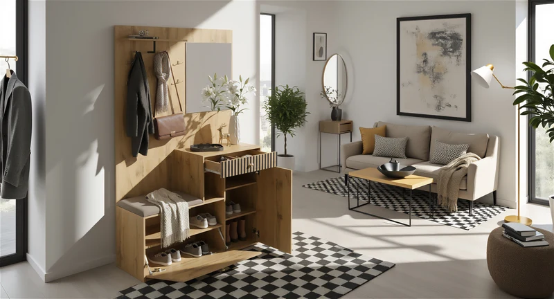 Vestiaire à l'entrée effet bois avec miroir, banc, porte-manteau et meuble de à chaussures 2 portes 1 tiroir SIROCCOWHIS