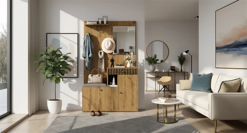 Vestiaire à l'entrée effet bois avec miroir, banc, porte-manteau et meuble de à chaussures 2 portes 1 tiroir SIROCCOWHIS