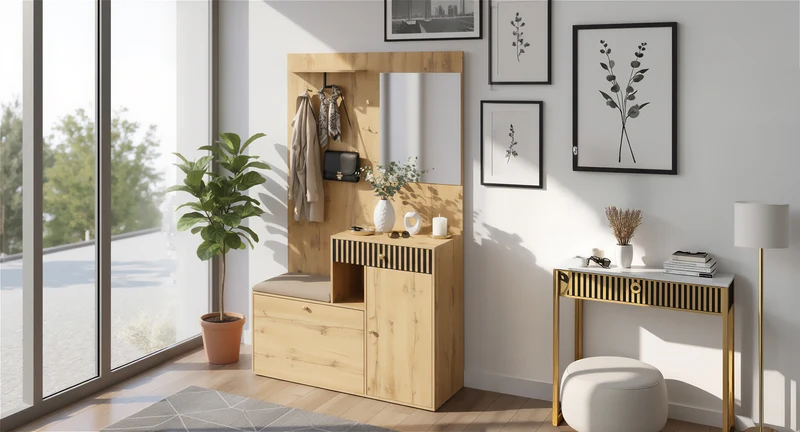 Vestiaire à l'entrée effet bois avec miroir, banc, porte-manteau et meuble de à chaussures 2 portes 1 tiroir SIROCCOWHIS
