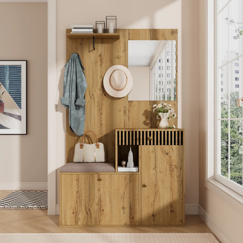 Vestiaire à l'entrée effet bois avec miroir, banc, porte-manteau et meuble de à chaussures 2 portes 1 tiroir SIROCCOWHIS