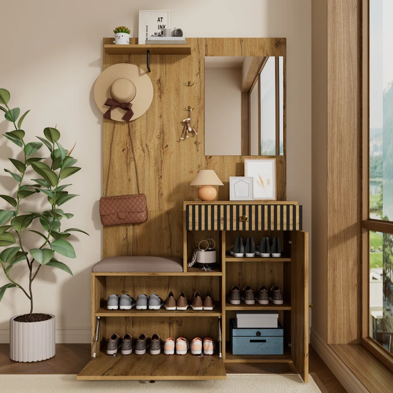 Vestiaire à l'entrée effet bois avec miroir, banc, porte-manteau et meuble de à chaussures 2 portes 1 tiroir SIROCCOWHIS