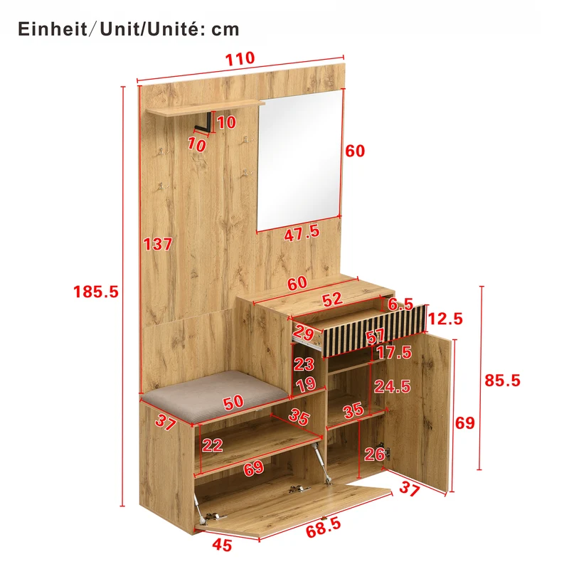 Vestiaire à l'entrée effet bois avec miroir, banc, porte-manteau et meuble de à chaussures 2 portes 1 tiroir SIROCCOWHIS