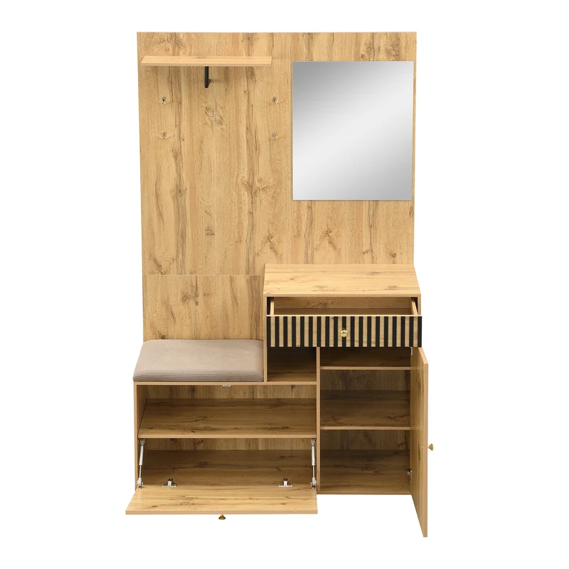 Vestiaire à l'entrée effet bois avec miroir, banc, porte-manteau et meuble de à chaussures 2 portes 1 tiroir SIROCCOWHIS