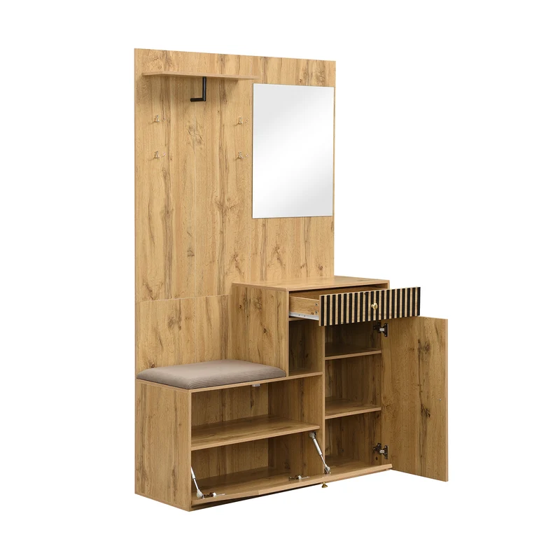 Vestiaire à l'entrée effet bois avec miroir, banc, porte-manteau et meuble de à chaussures 2 portes 1 tiroir SIROCCOWHIS