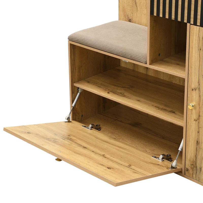 Vestiaire à l'entrée effet bois avec miroir, banc, porte-manteau et meuble de à chaussures 2 portes 1 tiroir SIROCCOWHIS