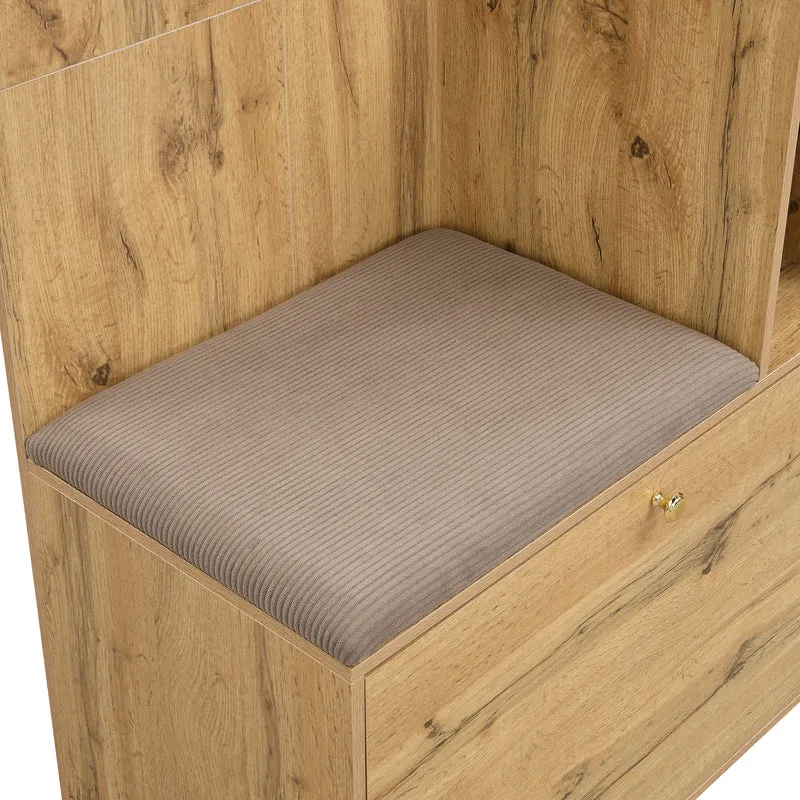Vestiaire à l'entrée effet bois avec miroir, banc, porte-manteau et meuble de à chaussures 2 portes 1 tiroir SIROCCOWHIS