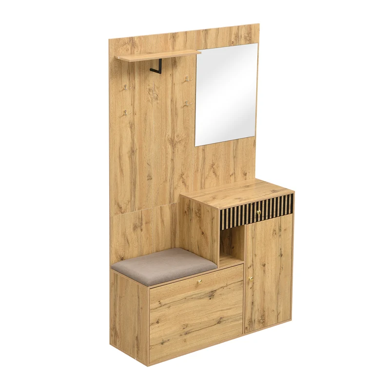 Vestiaire à l'entrée effet bois avec miroir, banc, porte-manteau et meuble de à chaussures 2 portes 1 tiroir SIROCCOWHIS