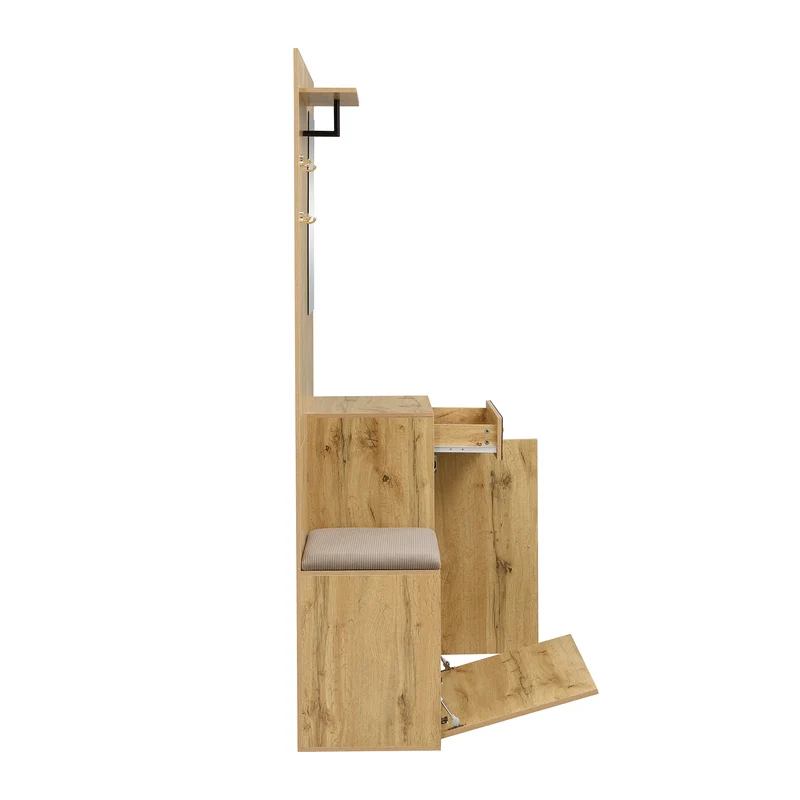 Vestiaire à l'entrée effet bois avec miroir, banc, porte-manteau et meuble de à chaussures 2 portes 1 tiroir SIROCCOWHIS