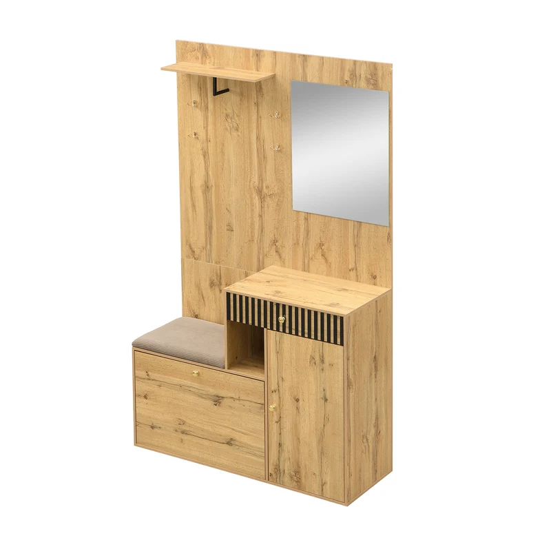 Vestiaire à l'entrée effet bois avec miroir, banc, porte-manteau et meuble de à chaussures 2 portes 1 tiroir SIROCCOWHIS