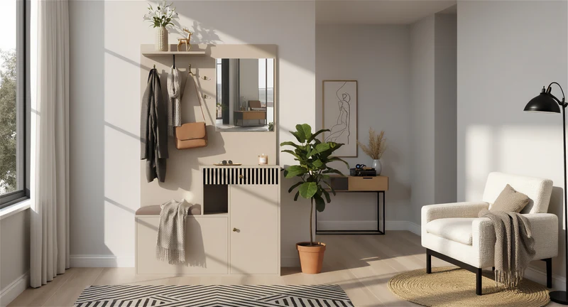 Vestiaire à l'entrée blanc avec miroir, banc, porte-manteau et meuble de à chaussures 2 portes 1 tiroir OBSIDIANCHASM