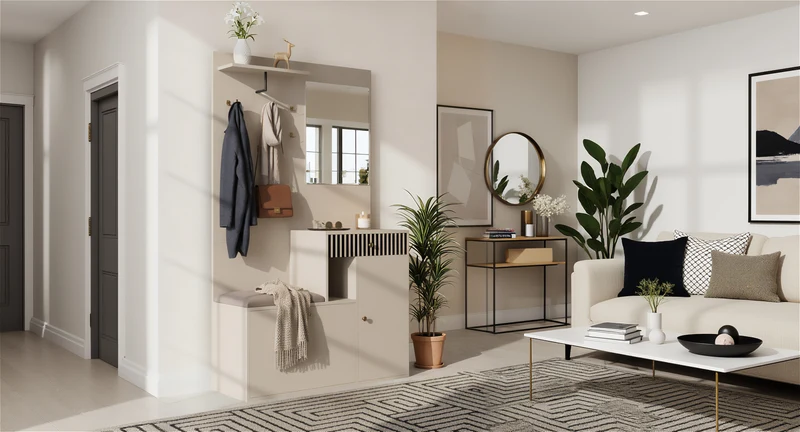 Vestiaire à l'entrée blanc avec miroir, banc, porte-manteau et meuble de à chaussures 2 portes 1 tiroir OBSIDIANCHASM