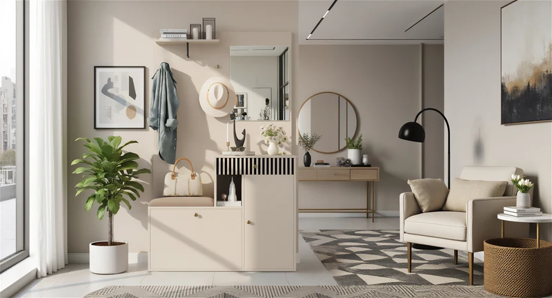 Vestiaire à l'entrée blanc avec miroir, banc, porte-manteau et meuble de à chaussures 2 portes 1 tiroir OBSIDIANCHASM