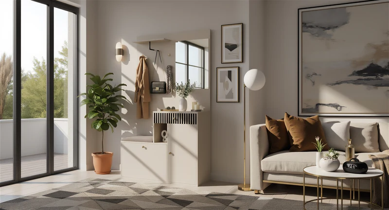 Vestiaire à l'entrée blanc avec miroir, banc, porte-manteau et meuble de à chaussures 2 portes 1 tiroir OBSIDIANCHASM
