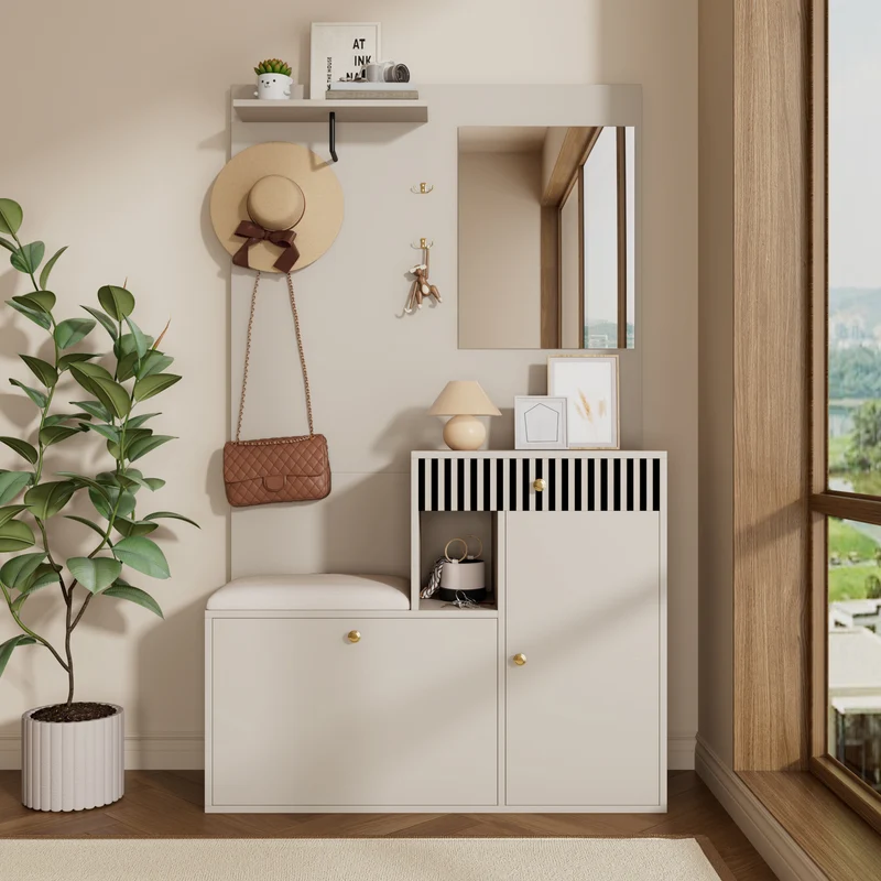 Vestiaire à l'entrée blanc avec miroir, banc, porte-manteau et meuble de à chaussures 2 portes 1 tiroir OBSIDIANCHASM