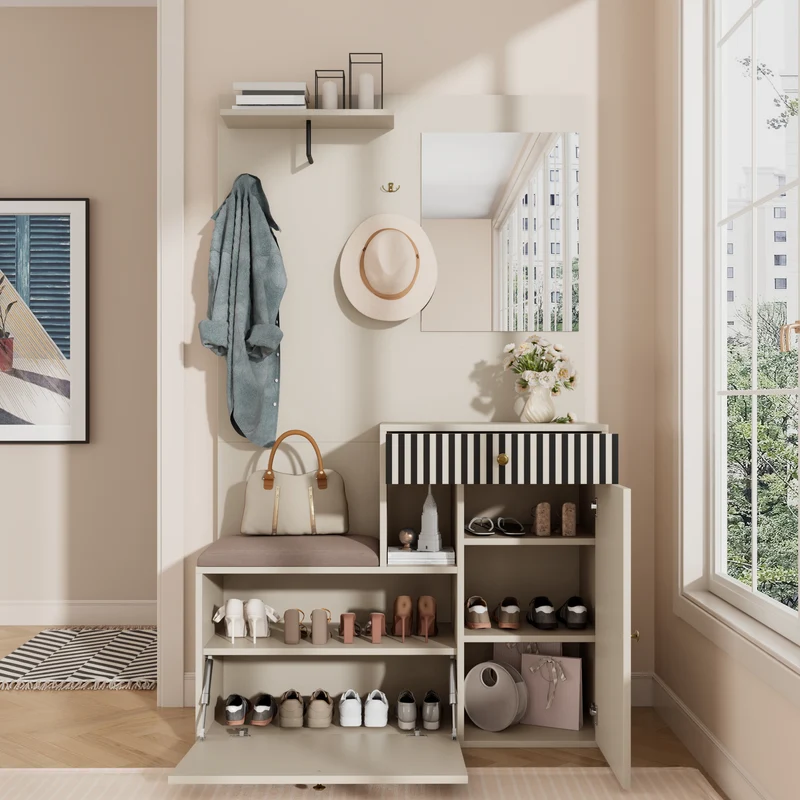Vestiaire à l'entrée blanc avec miroir, banc, porte-manteau et meuble de à chaussures 2 portes 1 tiroir OBSIDIANCHASM