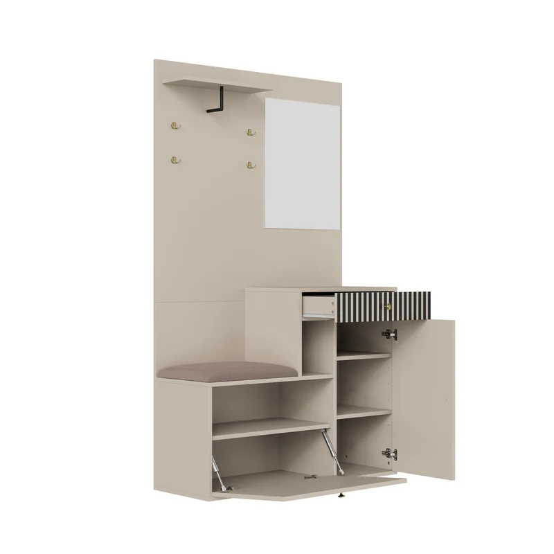 Vestiaire à l'entrée blanc avec miroir, banc, porte-manteau et meuble de à chaussures 2 portes 1 tiroir OBSIDIANCHASM