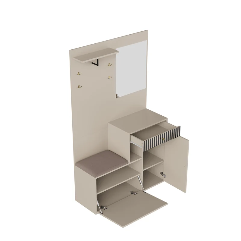 Vestiaire à l'entrée blanc avec miroir, banc, porte-manteau et meuble de à chaussures 2 portes 1 tiroir OBSIDIANCHASM