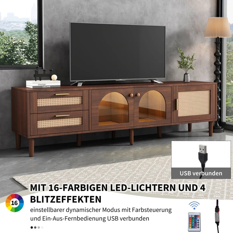 Meuble TV effet bois marron avec rangement élégant 2 tiroirs en rotin, 2 portes vitrées cintrées et 1 porte en rotin éclairage LED 180cm TRURKAN