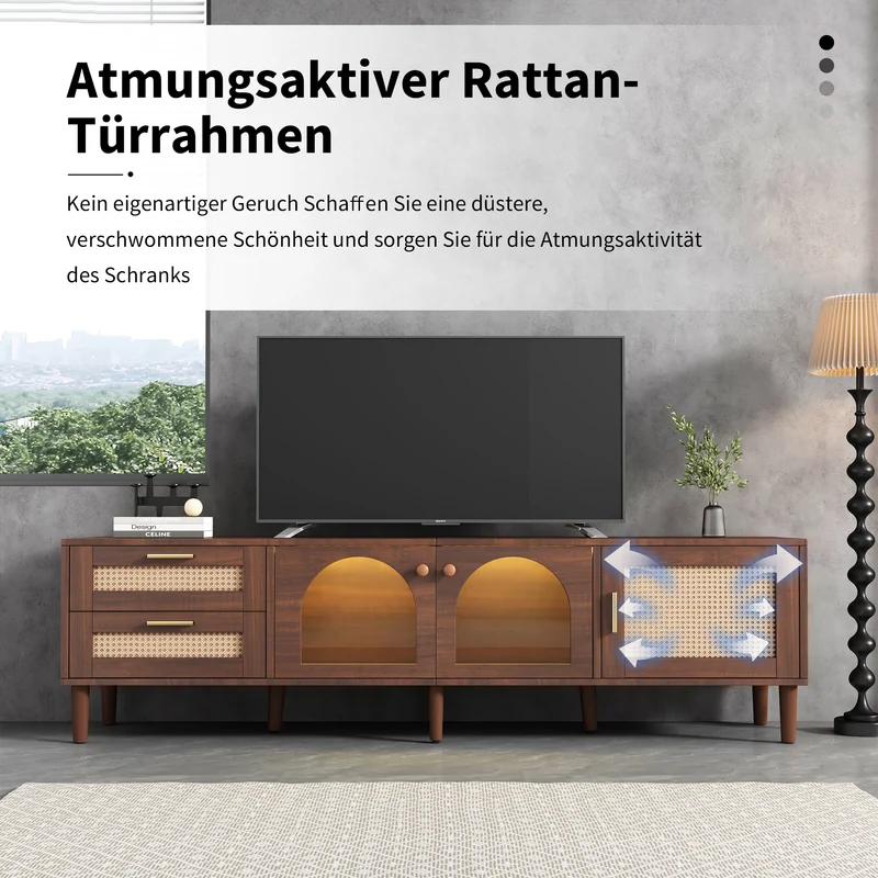 Meuble TV effet bois marron avec rangement élégant 2 tiroirs en rotin, 2 portes vitrées cintrées et 1 porte en rotin éclairage LED 180cm TRURKAN