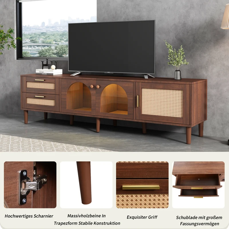 Meuble TV effet bois marron avec rangement élégant 2 tiroirs en rotin, 2 portes vitrées cintrées et 1 porte en rotin éclairage LED 180cm TRURKAN