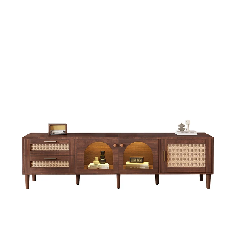Meuble TV effet bois marron avec rangement élégant 2 tiroirs en rotin, 2 portes vitrées cintrées et 1 porte en rotin éclairage LED 180cm TRURKAN