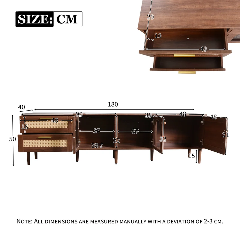 Meuble TV effet bois marron avec rangement élégant 2 tiroirs en rotin, 2 portes vitrées cintrées et 1 porte en rotin éclairage LED 180cm TRURKAN