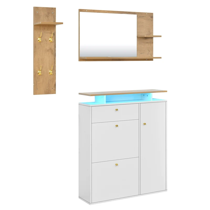 Vestiaire à l'entrée 3 pièces avec miroir, LED, porte-manteau et meuble à chaussures, blanc/naturel, 105x25x151.5 cm MERIDIANVEX
