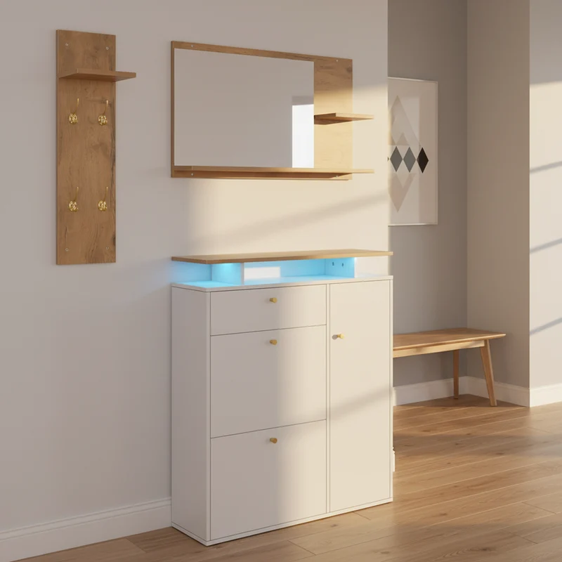Vestiaire à l'entrée 3 pièces avec miroir, LED, porte-manteau et meuble à chaussures, blanc/naturel, 105x25x151.5 cm MERIDIANVEX