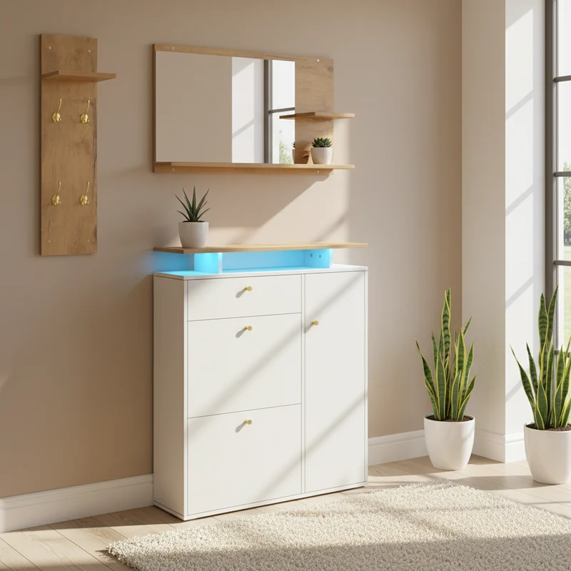 Vestiaire à l'entrée 3 pièces avec miroir, LED, porte-manteau et meuble à chaussures, blanc/naturel, 105x25x151.5 cm MERIDIANVEX